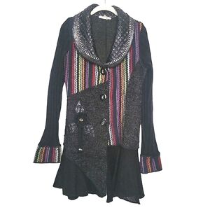 Liquid By Sioni Mixed Material Long Cardigan Sweater Faux Leather Embroidered MD